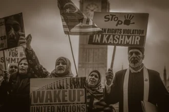 Activists demanding an end to human rights violations in Kashmir during a protest in central London scaled 1